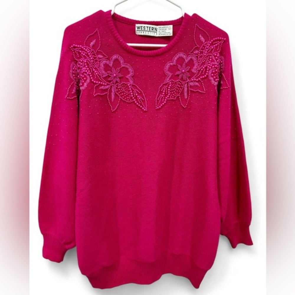 Western‎ Connection Vintage Beaded Floral Sweater Large Fuchsia Country Retro